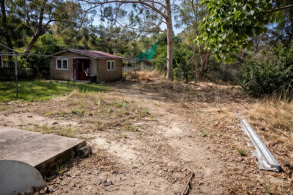 Back yard before: bare dirt, dead grass, weatherboard cottage in background